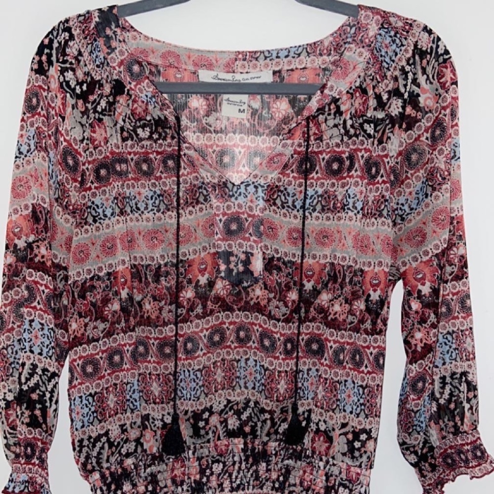 Floral Sheer Blouse with Tassels